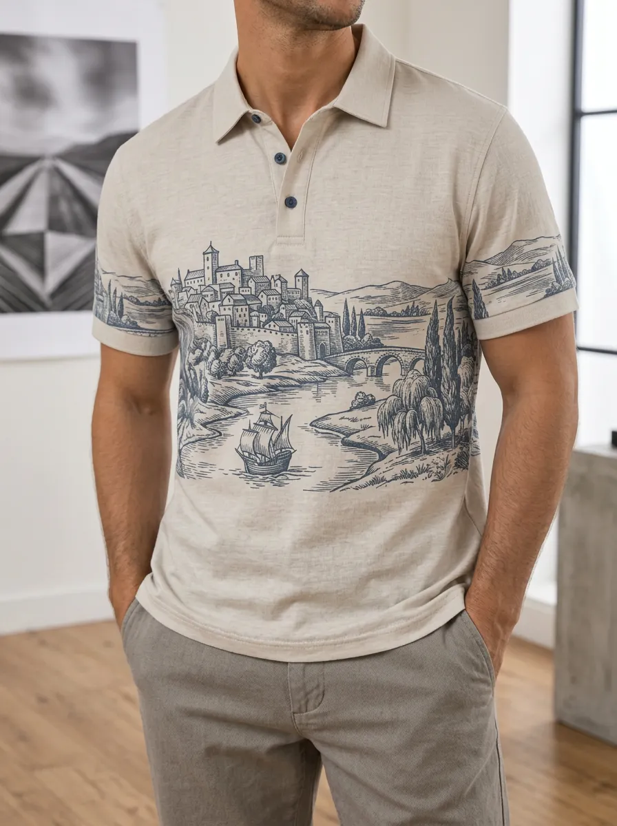 Men's Vintage Castle Landscape Sailboat Printed Polo Shirt