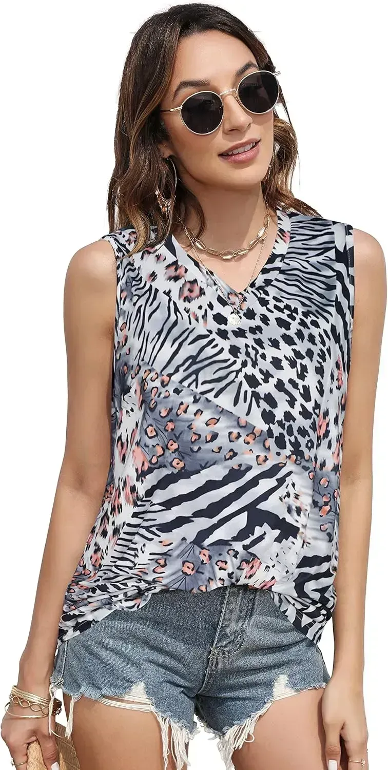 Summer Tops for Women Sleeveless V Neck Tshirt Loose Fit Casual Tank Tunic Blouse