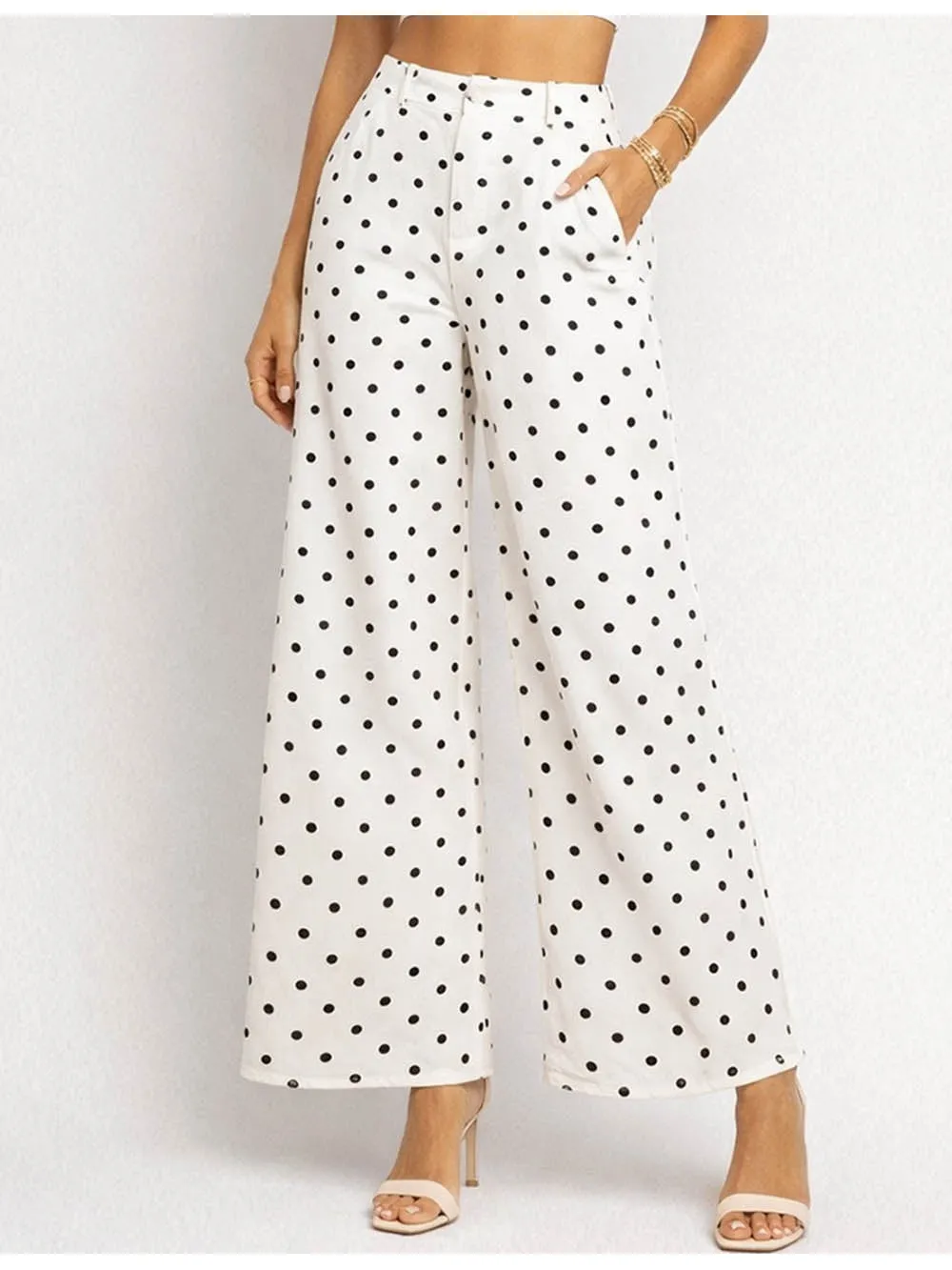 Polka Dot Button Front Pockets Wide Leg Denim Pants