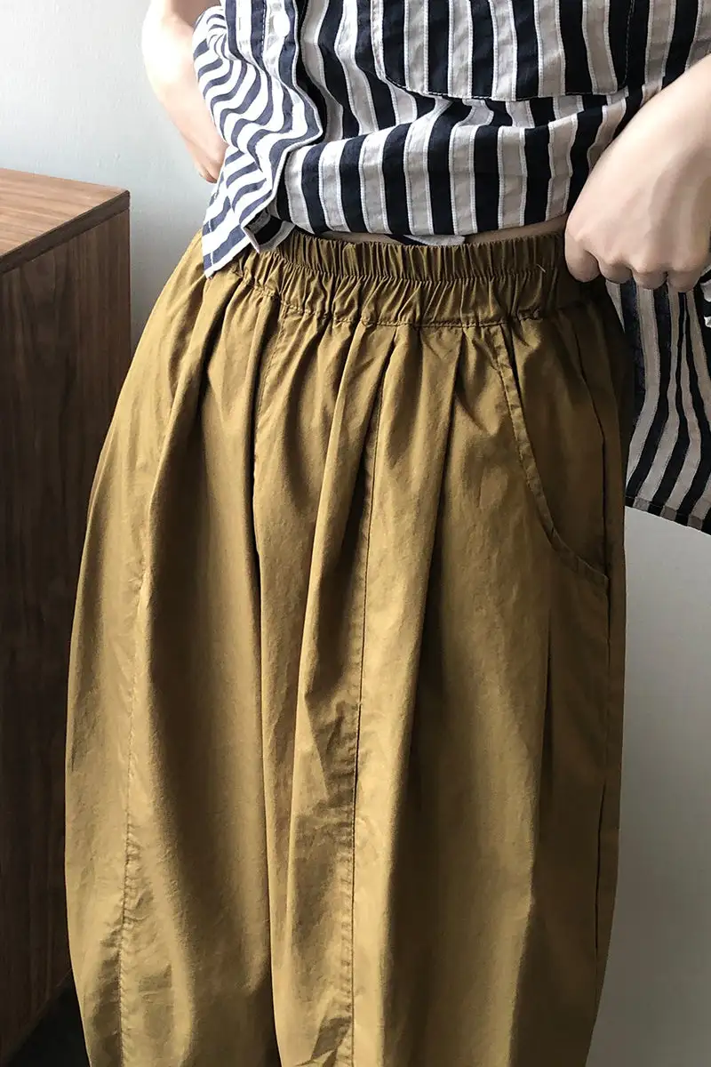 Refined Cotton Wide Leg Elastic Waist Pocketed Trousers