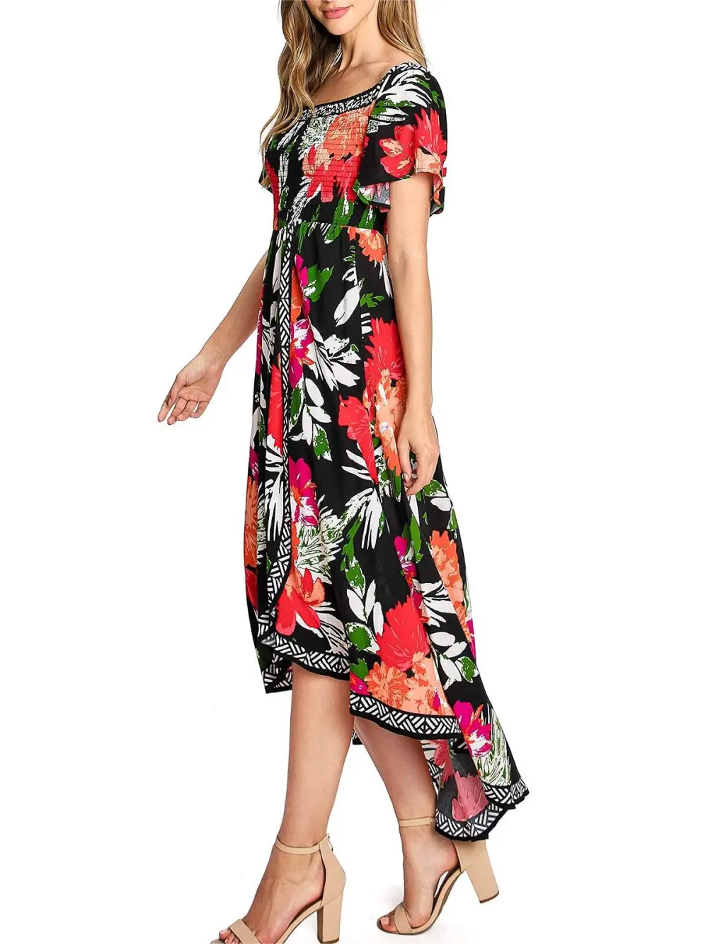 Black and Red Floral Off - Shoulder Dress