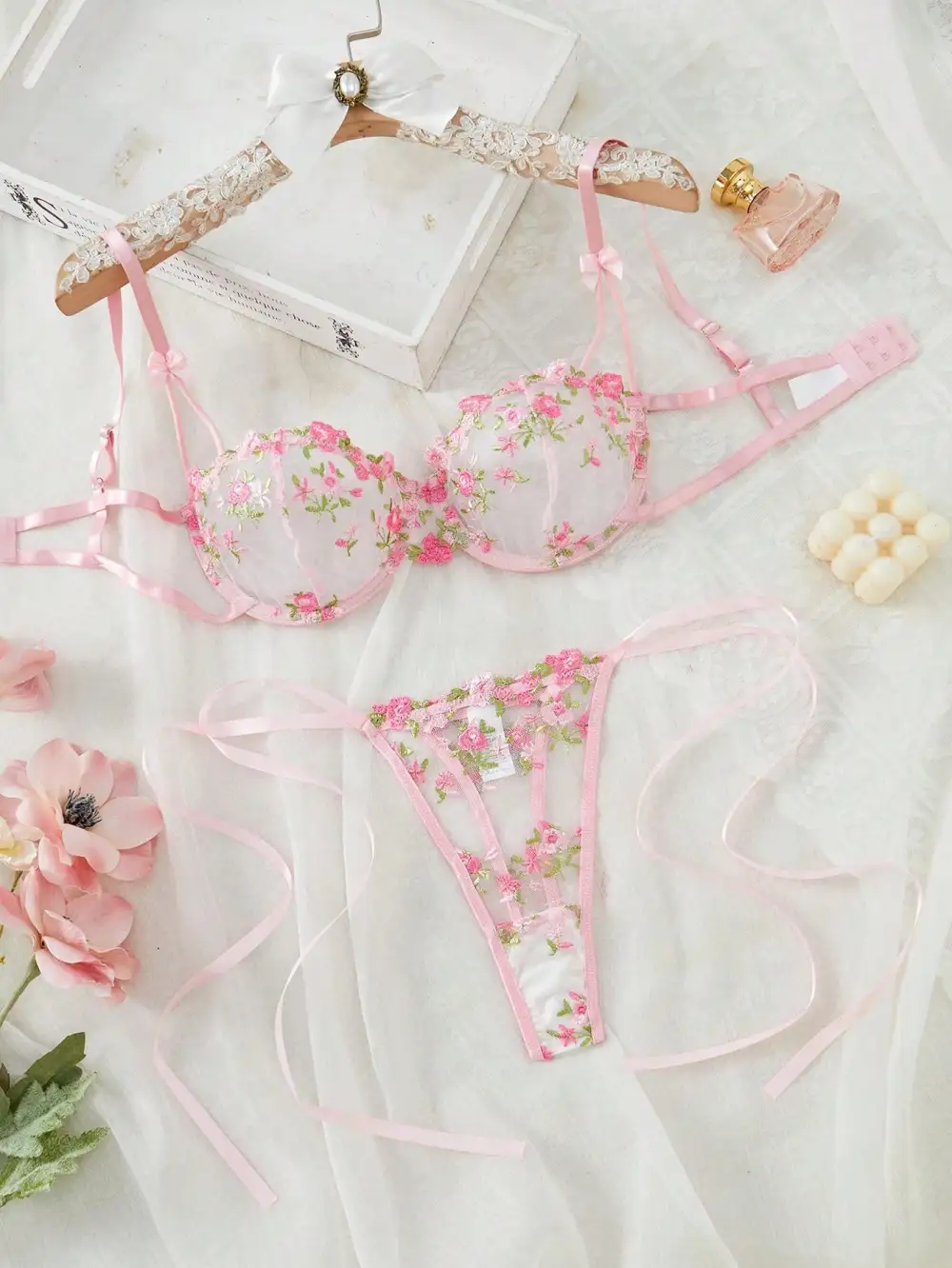 Floral Embroidered Demi Bra And Thong Set