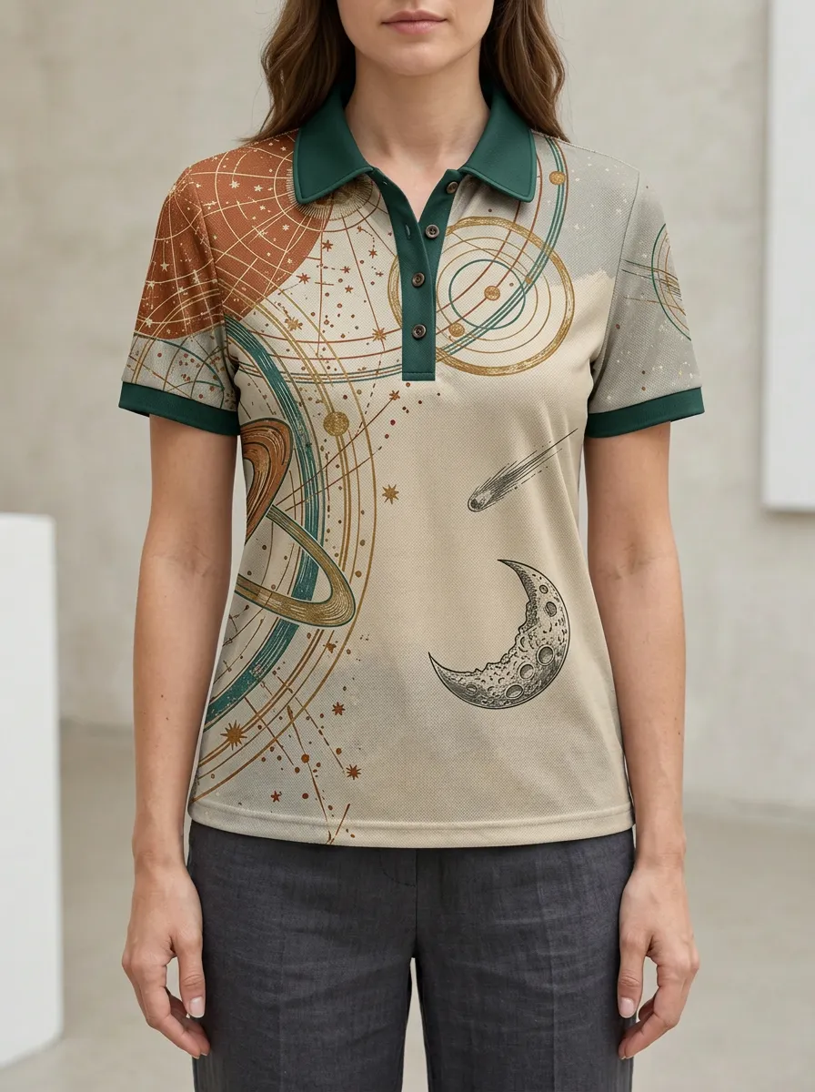 Women's Astronomy Lover Celestial Planet Moon Printed Polo Shirt
