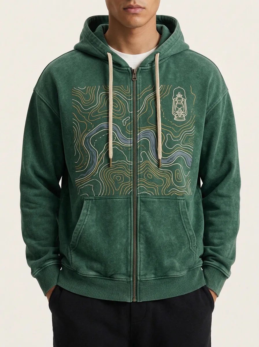 Men's Camping Lover Topographic Map Lantern Printed Zip Hoodie