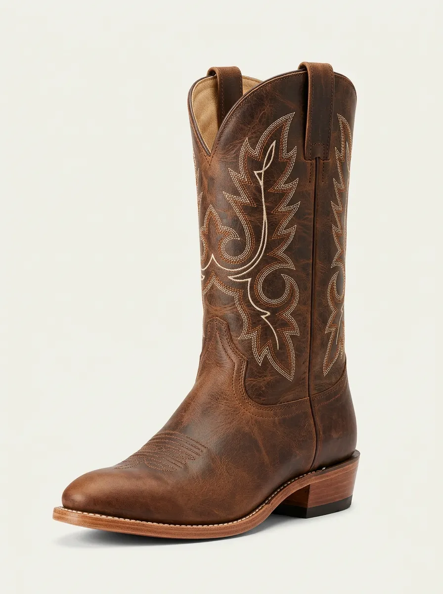 Men's Rodeo Western Embroidered Brown Leather Printed Boots