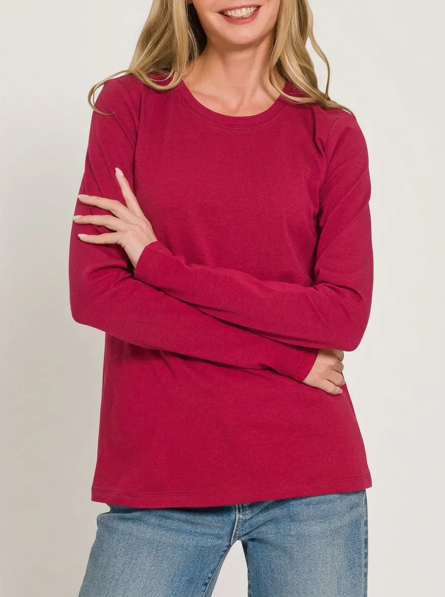 Women's Berry Red Crewneck Long Sleeve Tee