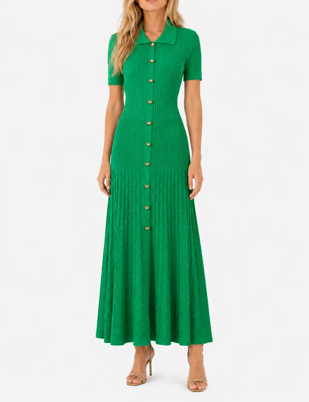 Chic Ribbed Polo Collar Short Sleeves Maxi Dress