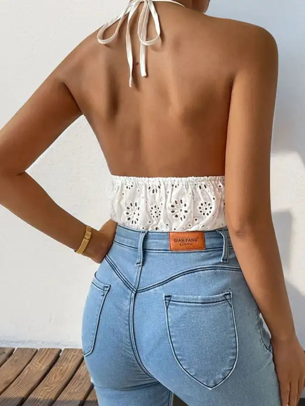 Polyester-Blend Lace Textured Halter-Neck Halter Bodysuit