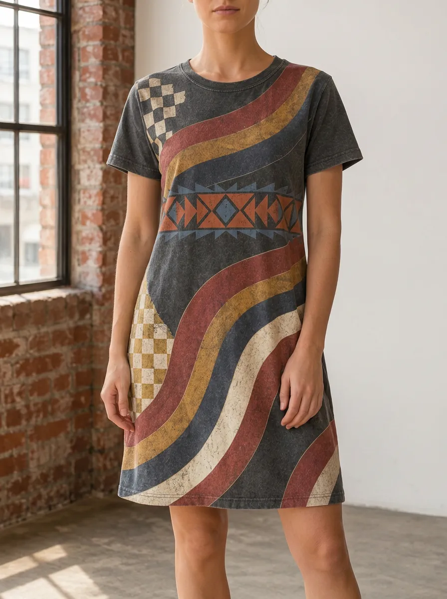 Women's Retro Boho Geometric Checkerboard Printed Dress