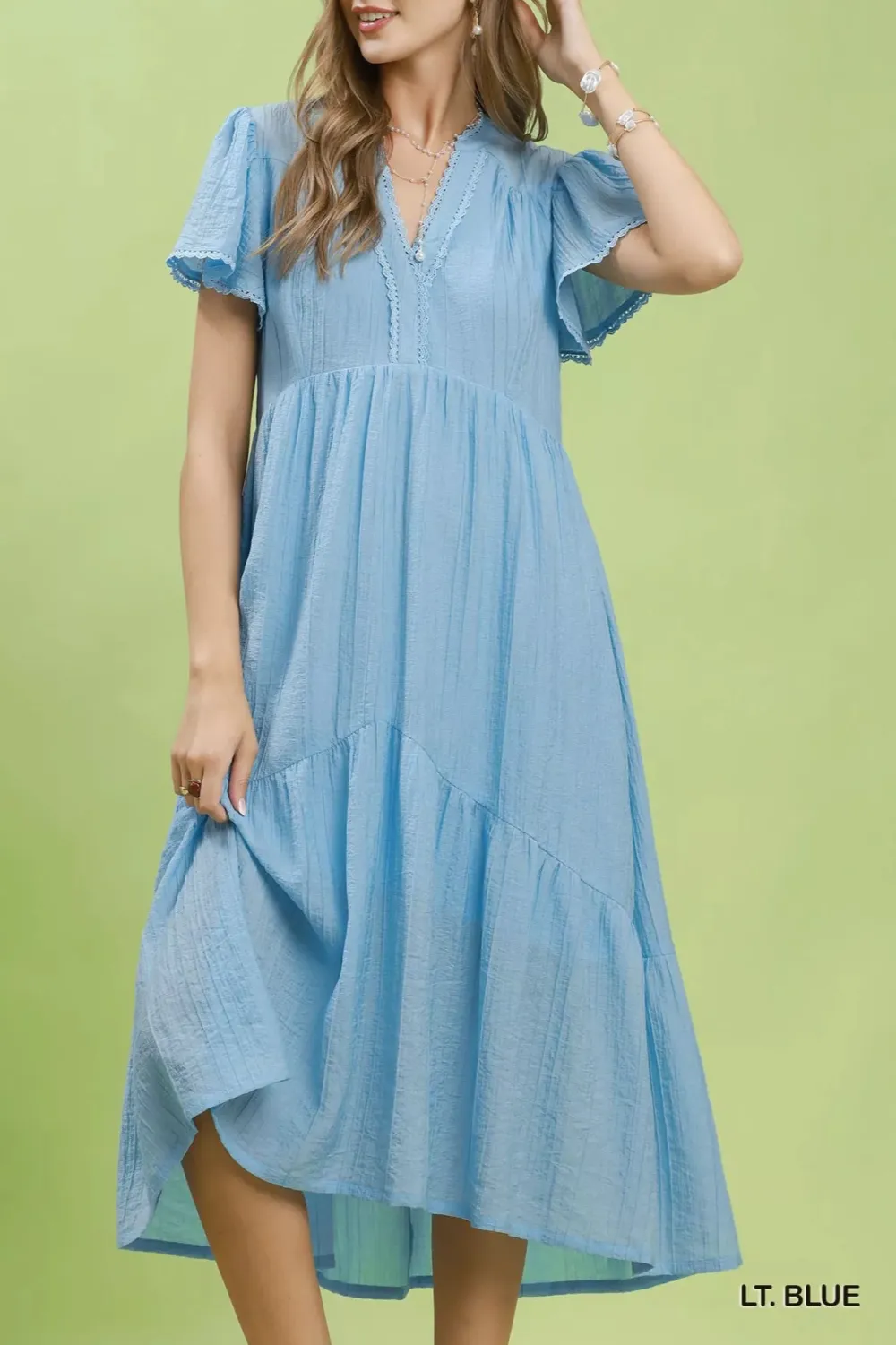 V-Neck Flutter Sleeve Tiered Lace Trim Midi Dress