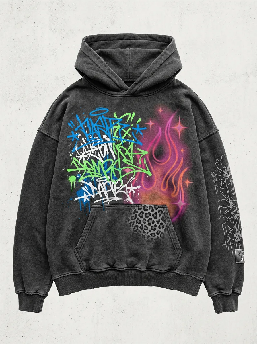 Unisex Streetwear Graffiti Flame Leopard Graphic Hoodie