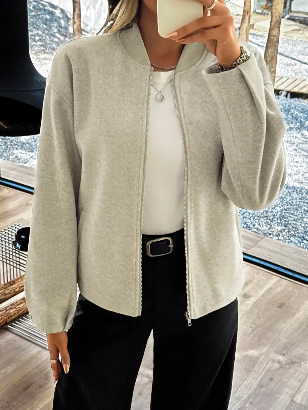 Oversized Relaxed Stand Collar Zip Front Bomber Jacket