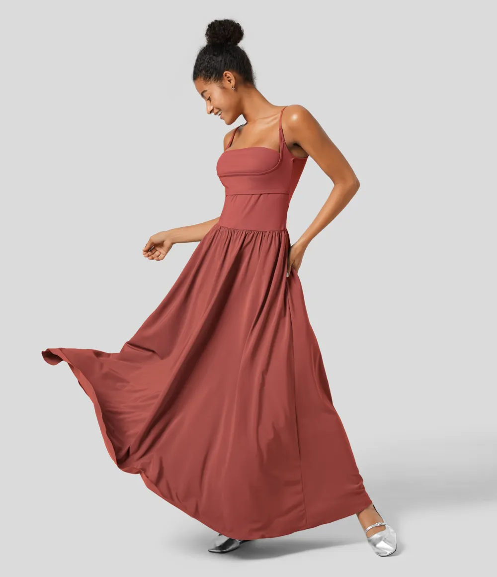 Breezeful Backless Side Pocket Plicated Flowy Flare Maxi Quick Dry Casual Slip Dress