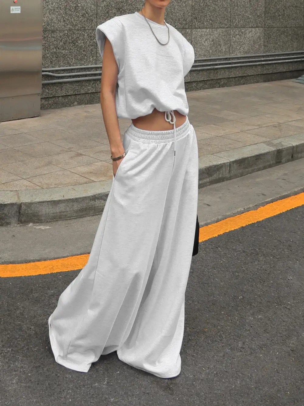 Round Neck Top And Wide Leg Pants Set
