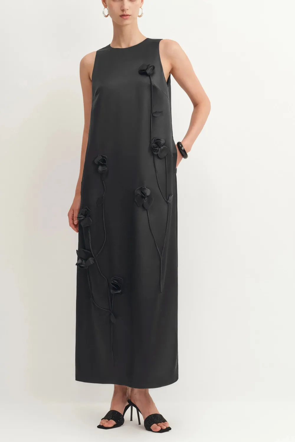 Sleeveless Handcrafted Floral Silk Wool Knit Maxi Dress