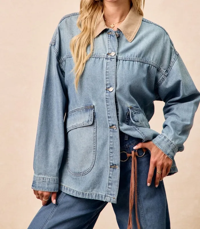 Washed Denim Jacket with Contrast Collar Detail