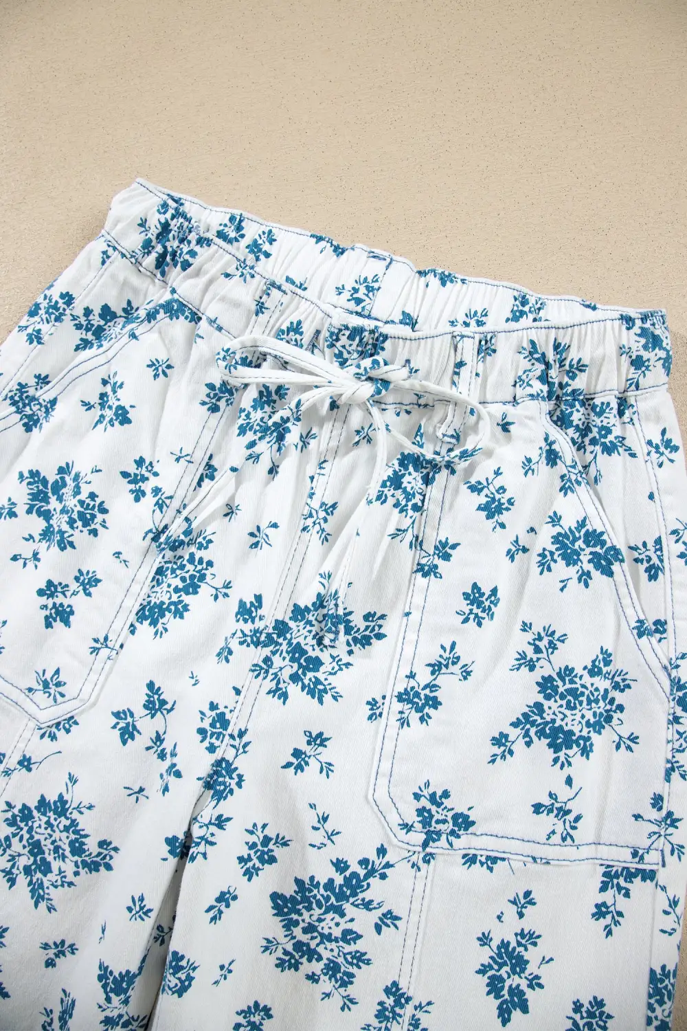 Women's Floral Print Tie Waist Straight Leg Jeans