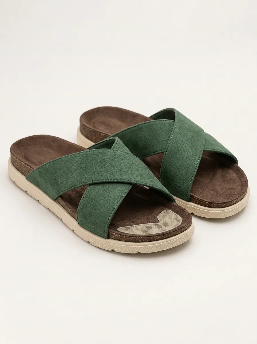 Men's Cross Strap Cork Footbed Suede Casual Sandals