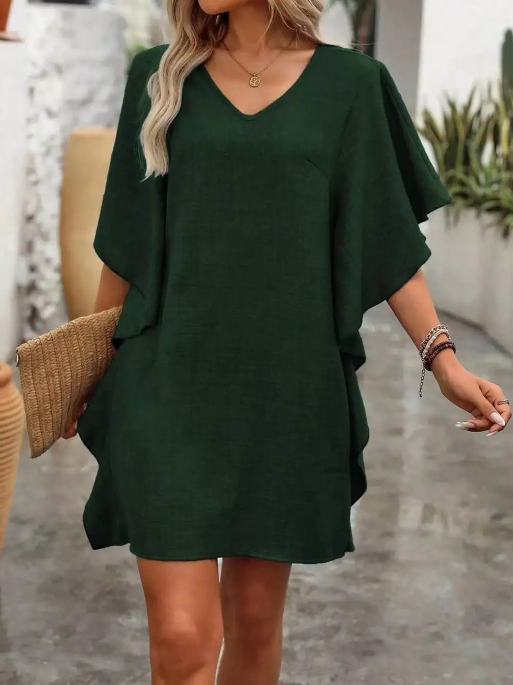 V Neck Ruffle Flutter Sleeve Mini Dress