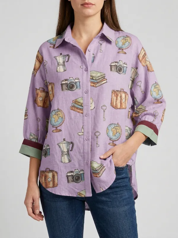 Women's Travel Lover Globe Camera Suitcase Printed Shirt