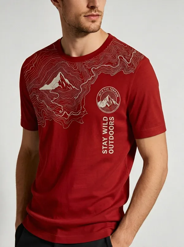 Men's Outdoor Hiking Mountain Topographic Printed T-shirt