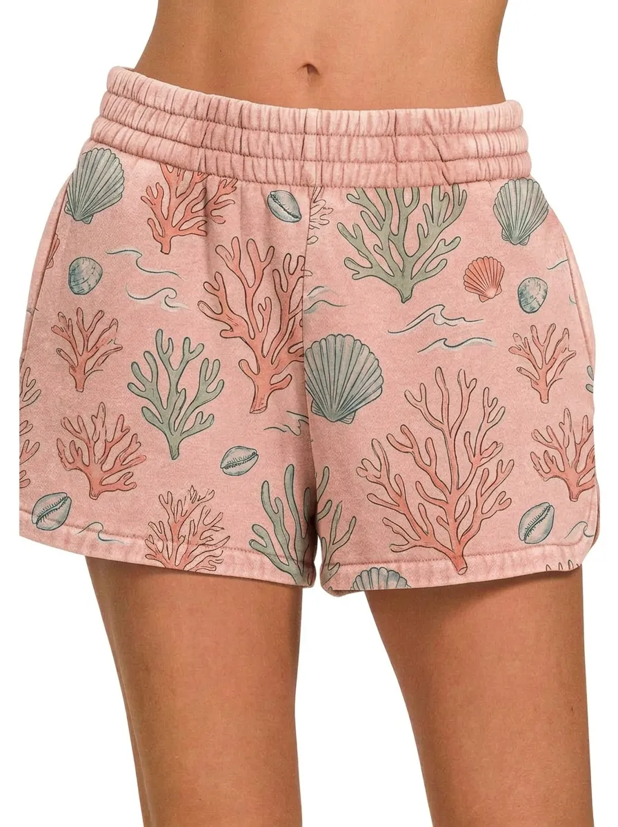 Women's Beach Vacation Coral Seashell Printed Shorts