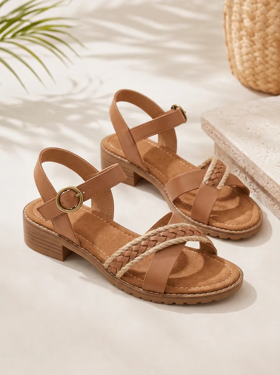 Women's Boho Braided Strap Buckle Low Heel Sandals