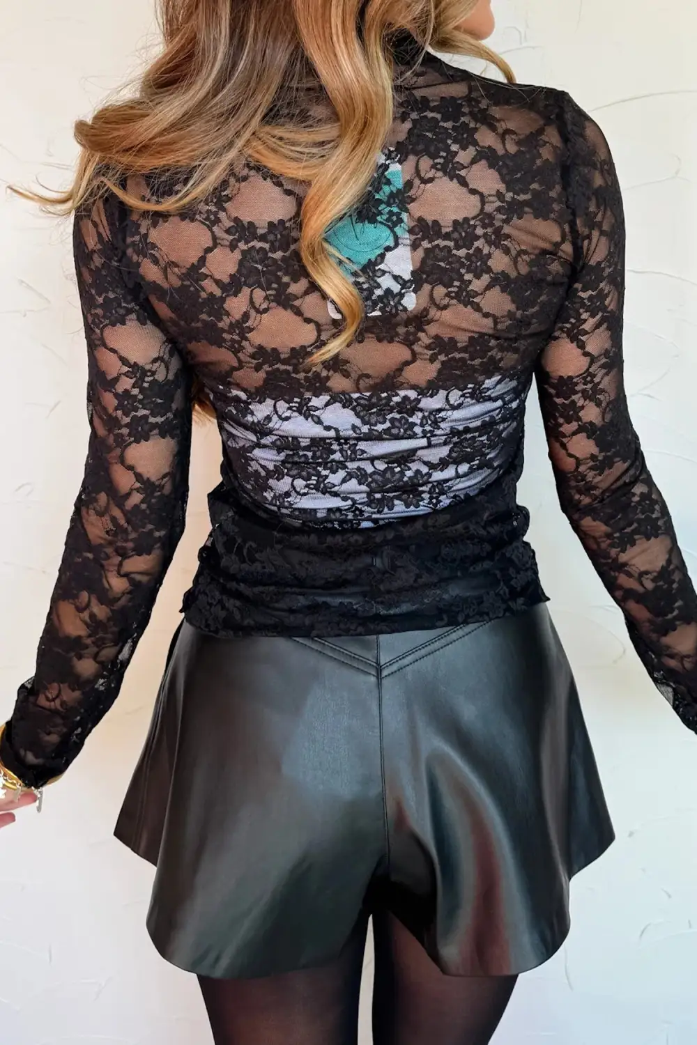 Floral Print Mesh Fitted Stretch Knit Long Sleeve Top