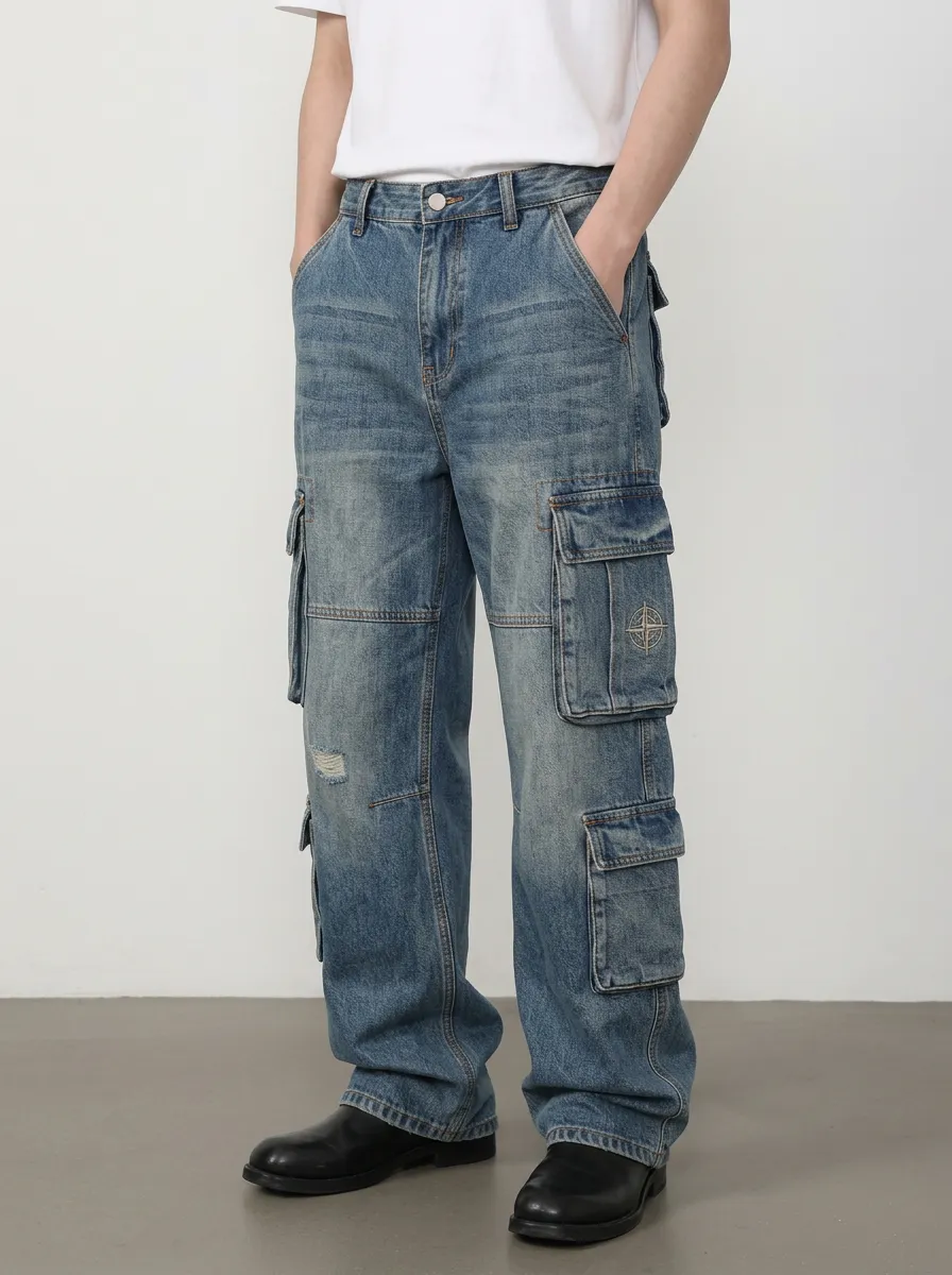 Men's Vintage Distressed Compass Patch Printed Cargo Jeans