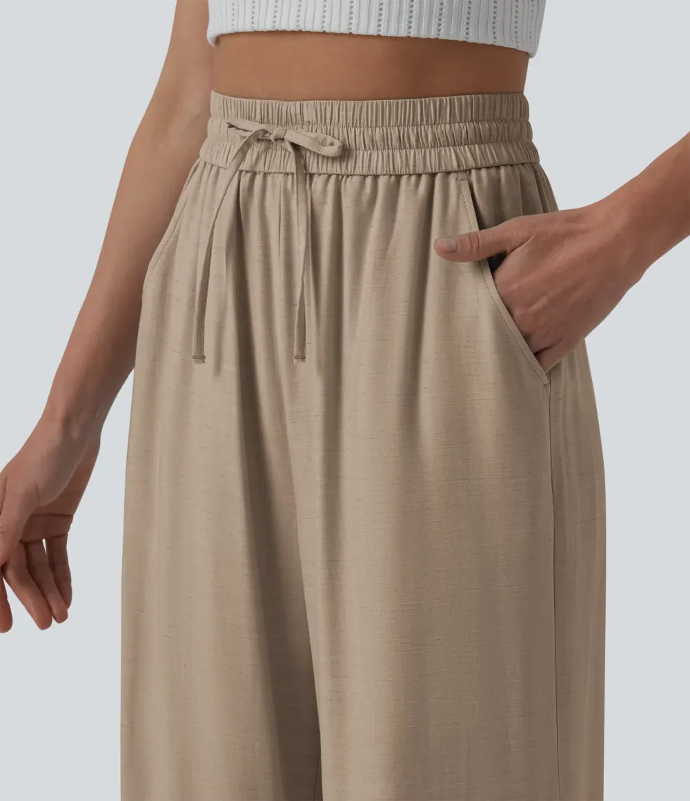 2026🔥High Waisted Drawstring Wide Leg Casual Linen-Blend Trousers with Pockets