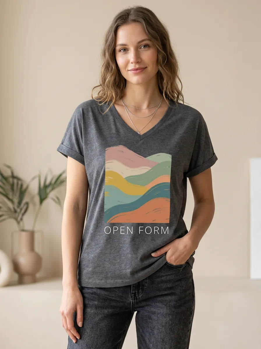 Women's Abstract Landscape Open Form Printed V-Neck T-Shirt