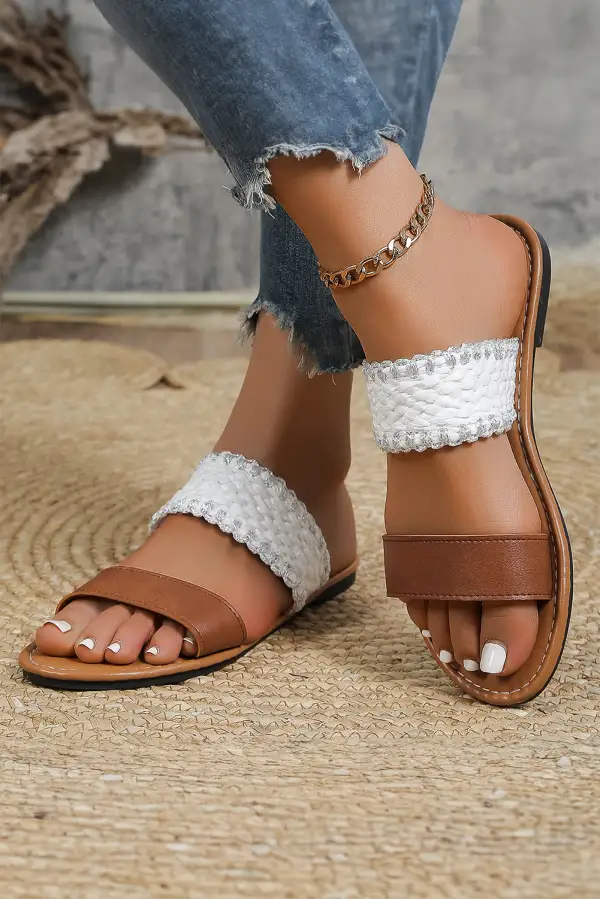 Faux Leather Woven Strap Flat Slide Slippers