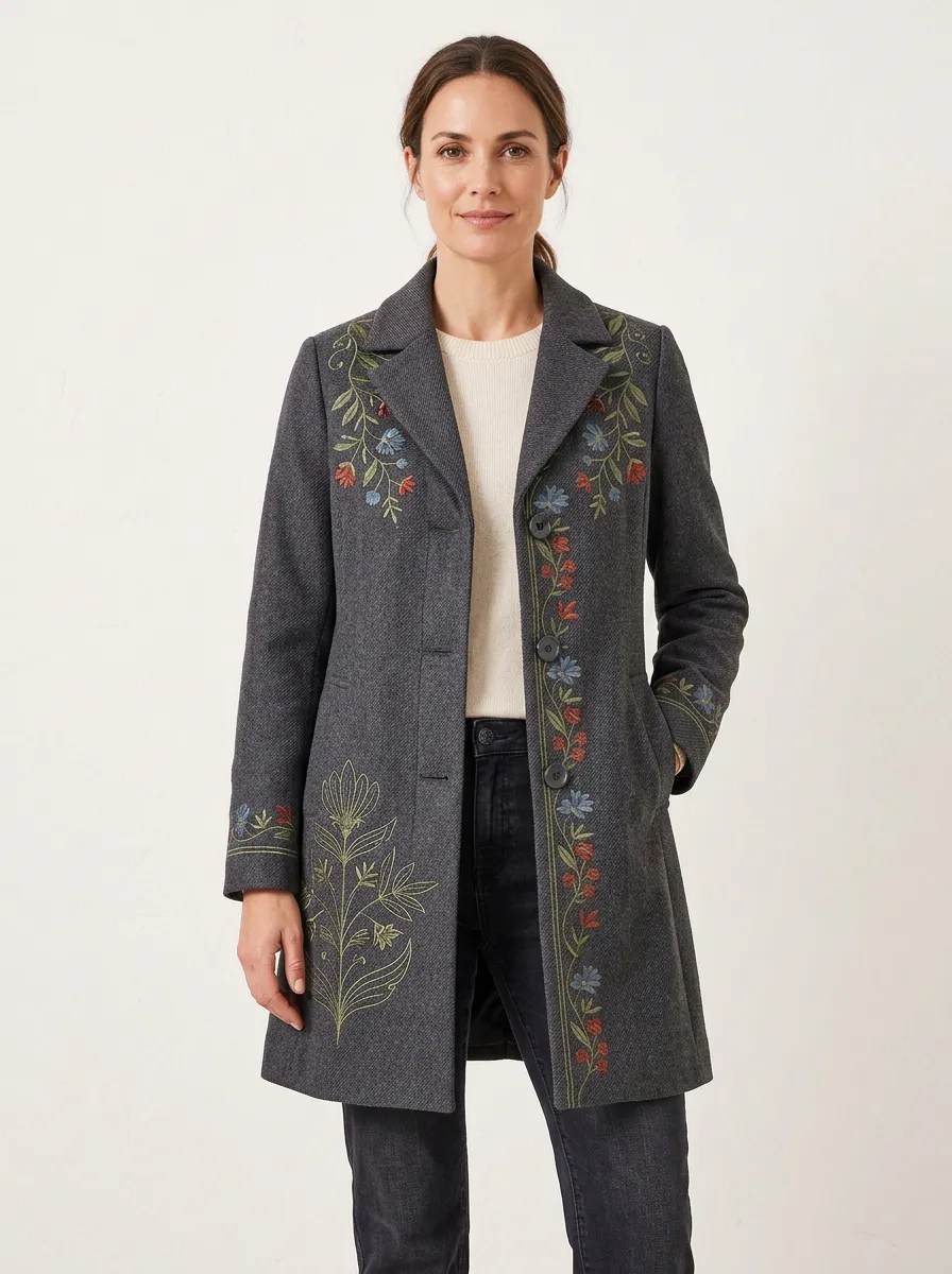 Women's Floral Botanical Embroidered Printed Wool Blend Coat