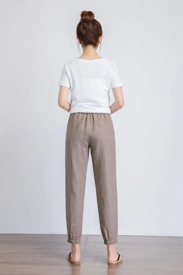 Linen Cropped High Waist Pocketed Trousers