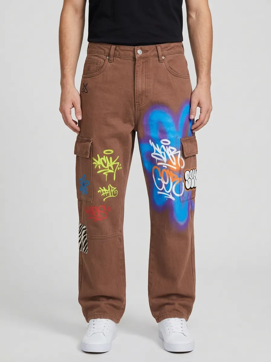 Men's Streetwear Graffiti Flower Pattern Mix Cargo Jeans