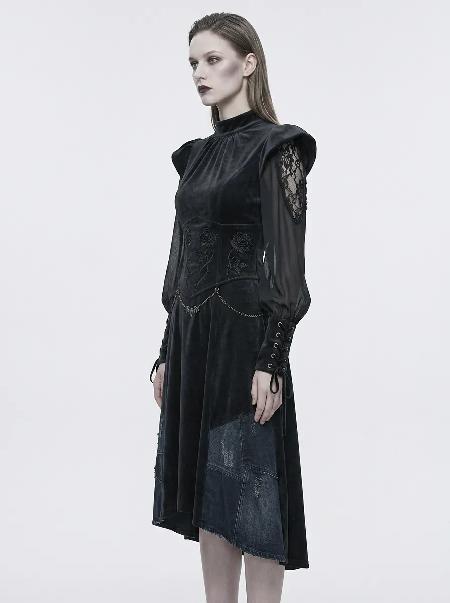 Women's Gothic Rose Embroidery Lace Sleeve Velvet Printed Top