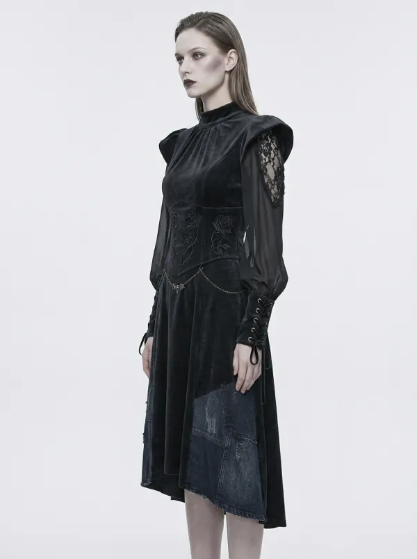 Women's Gothic Rose Embroidery Lace Sleeve Velvet Printed Top