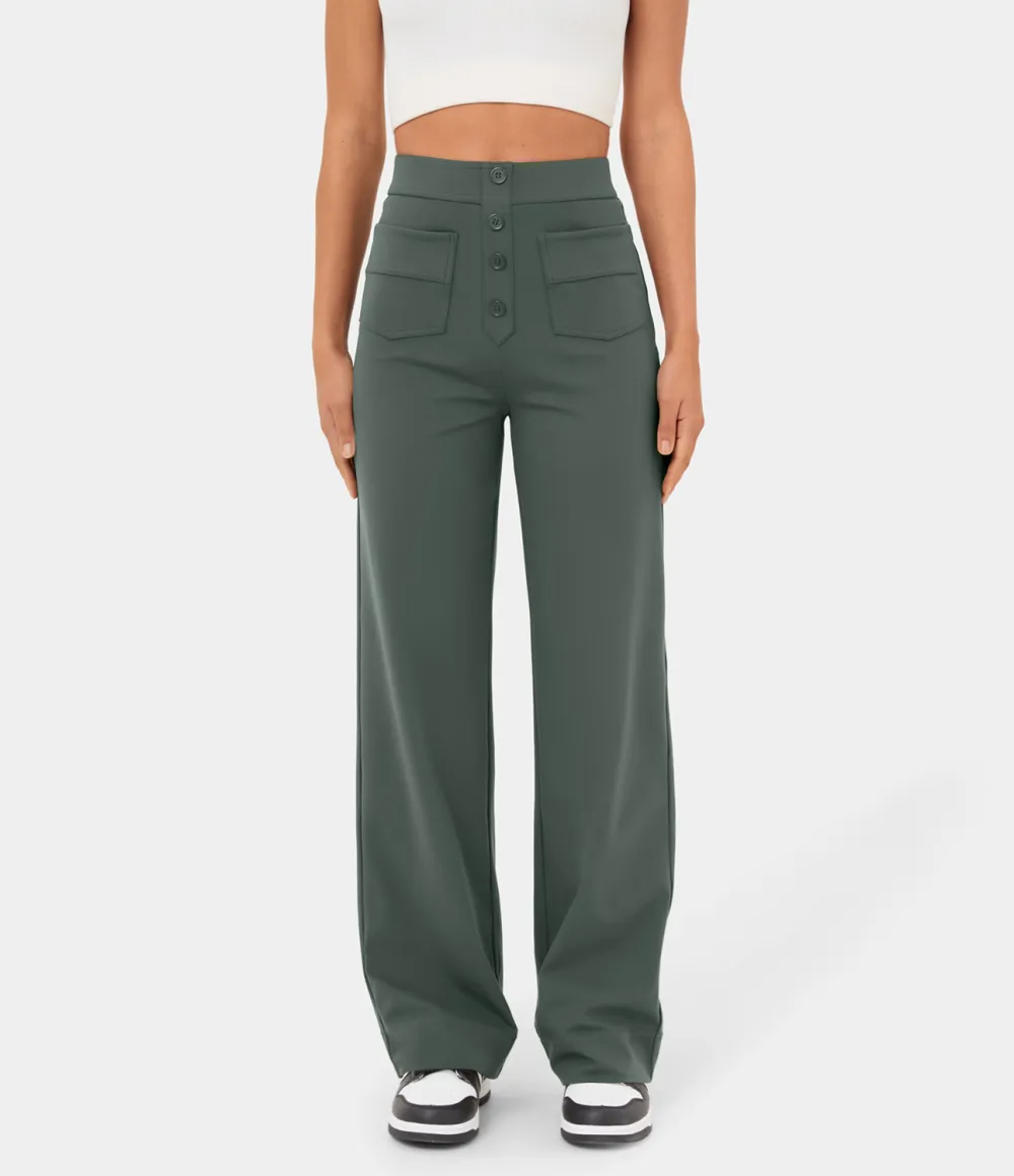 High Waisted Button Multiple Pockets Straight Leg Casual Pants