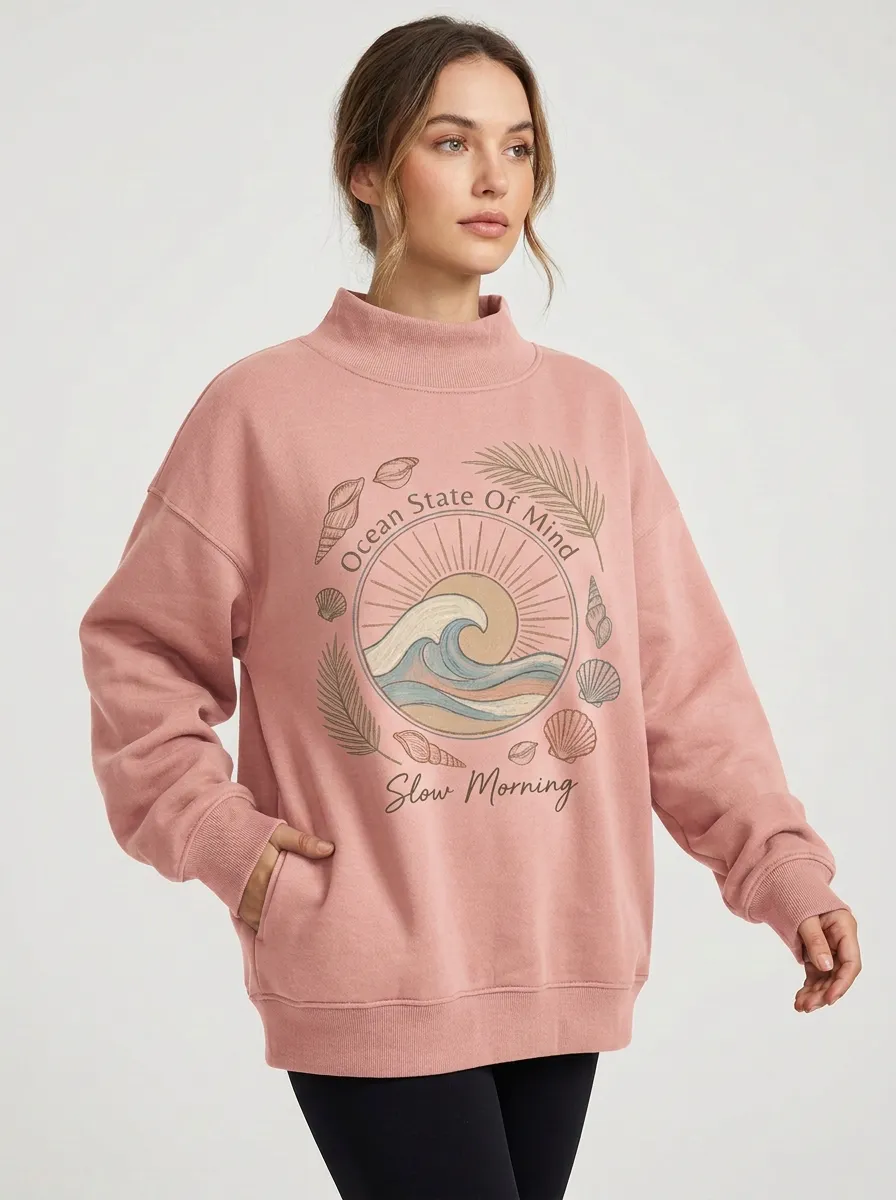 Women's Chocolate Beach Ocean Wave Seashell Mock Neck Sweatshirt