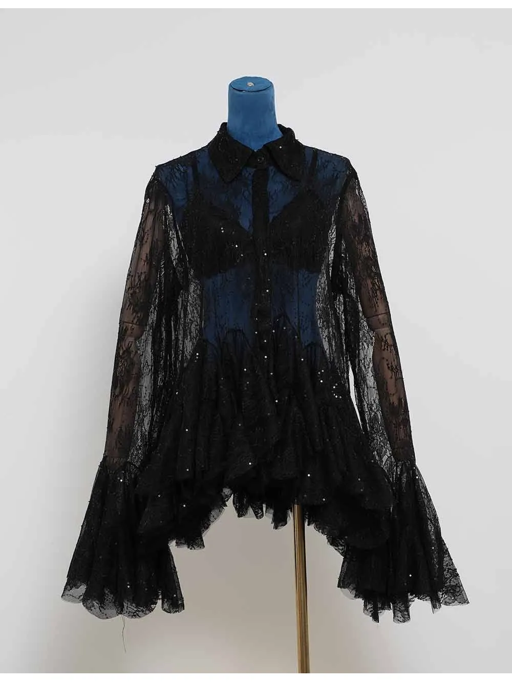 Sheer Lace Sequin Button Front Irregular Ruffle Mini Dress