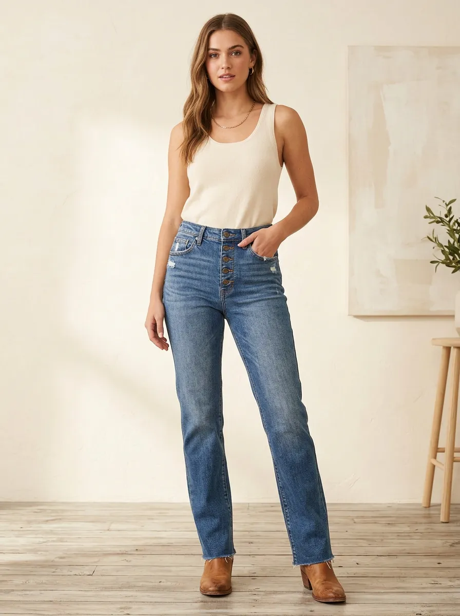 Women's High-Rise Button-Fly Distressed Denim Jeans