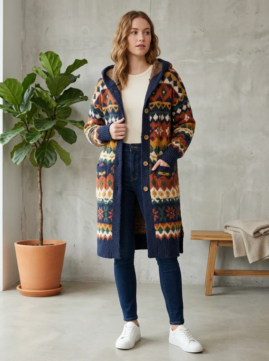 Women's Boho Geometric Pattern Hooded Knitted Cardigan