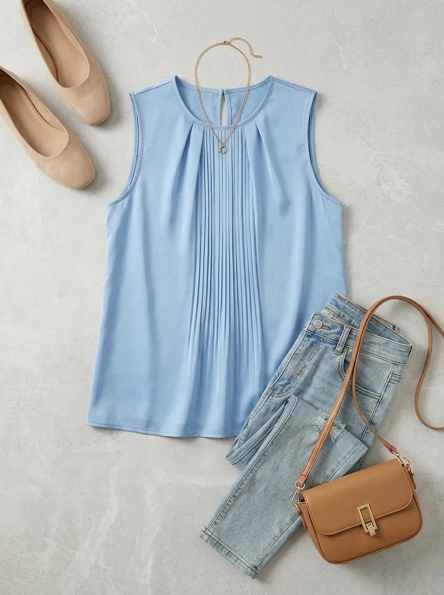 Office Pleated Sleeveless Blouse