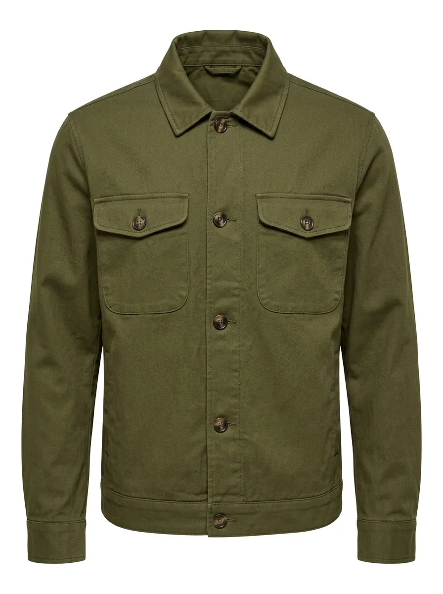 Men's Military Style Olive Green Button-Up Utility Jacket