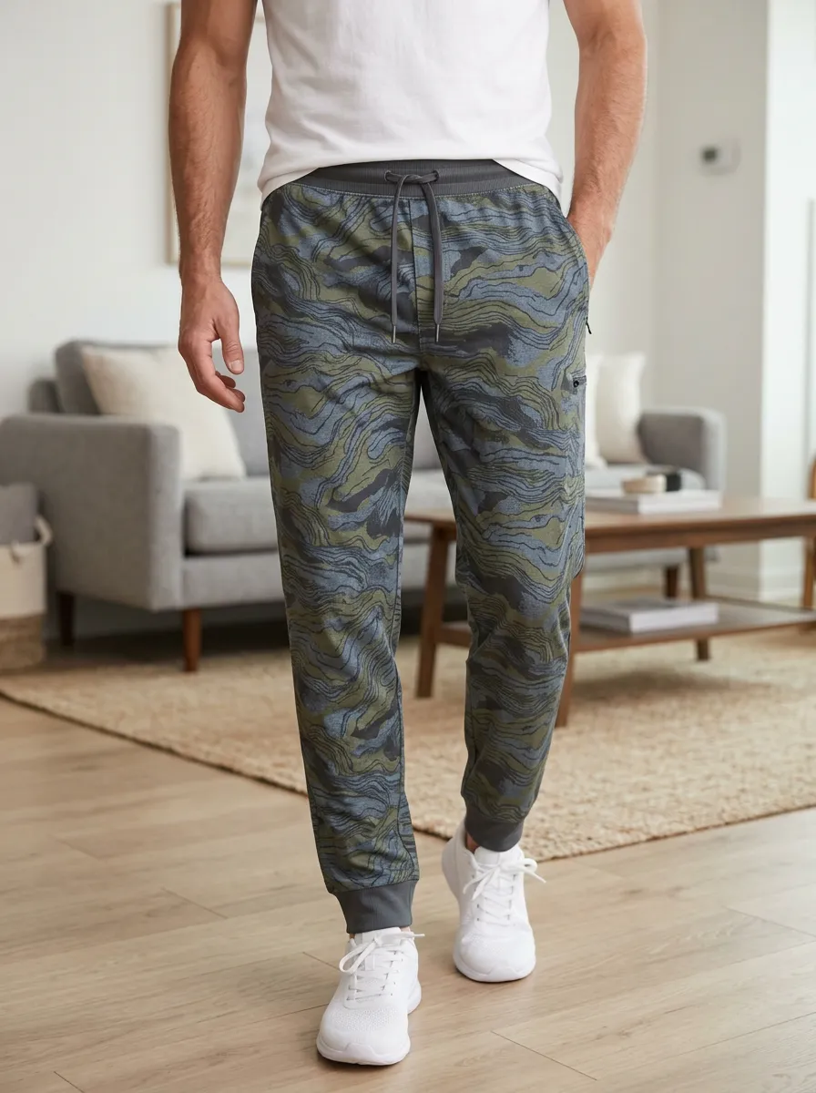 Men's Activewear Camo Wave Pattern Printed Jogger Pants