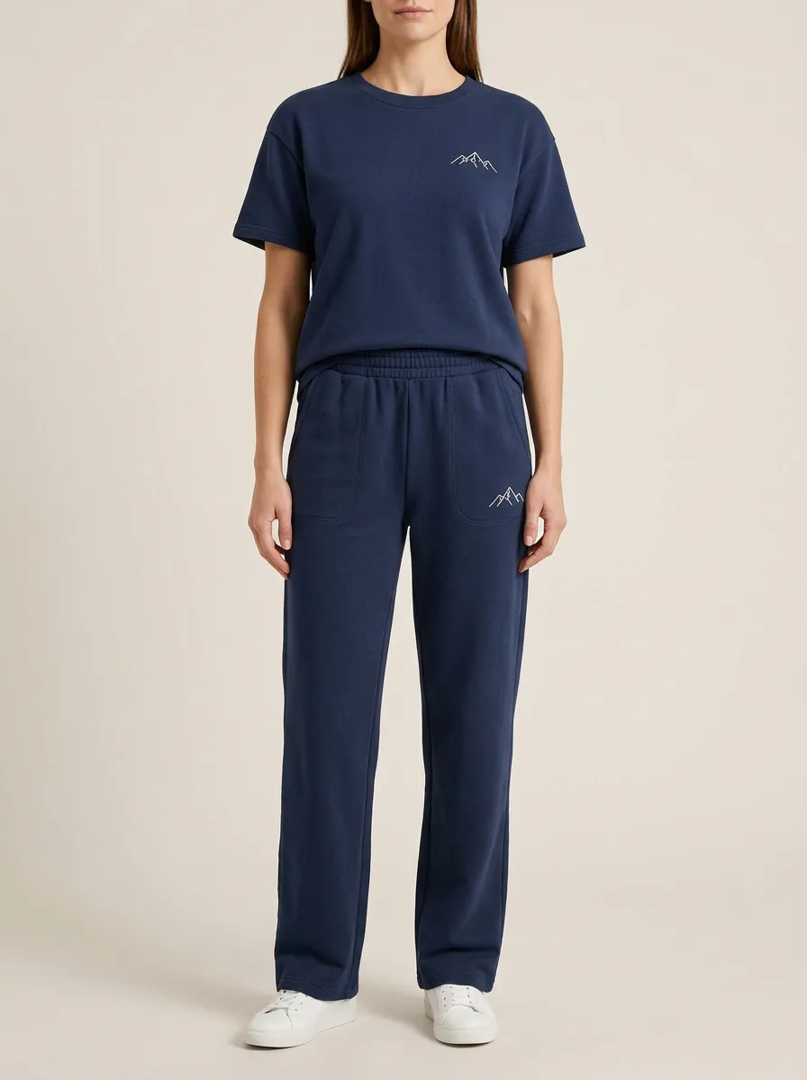 Women's Mountain Line-Art Embroidered Crewneck T-Shirt and Straight-Leg Pants Set