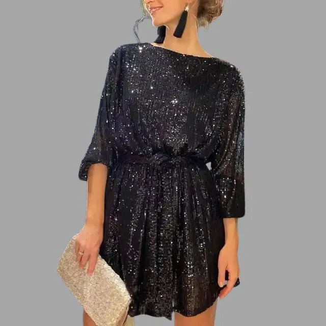 Women's Long-Sleeve Sequin Pleated Cocktail Mini Dress