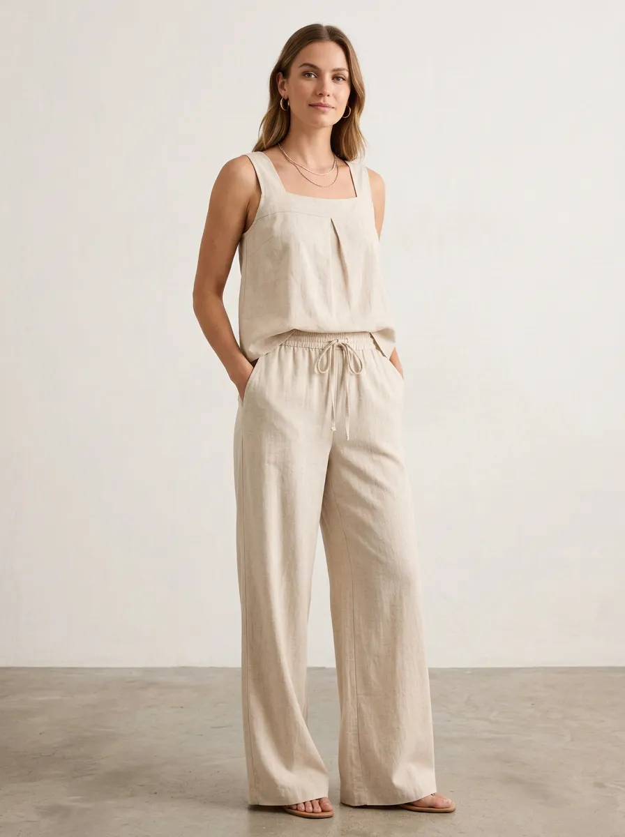Casual Linen Blend Linen Wide Leg Matching Set