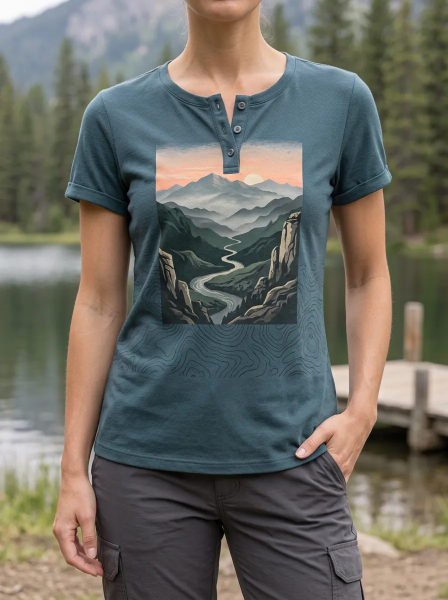 Women's Modern Nature Hiking Lover Mountain River Henley T-Shirt