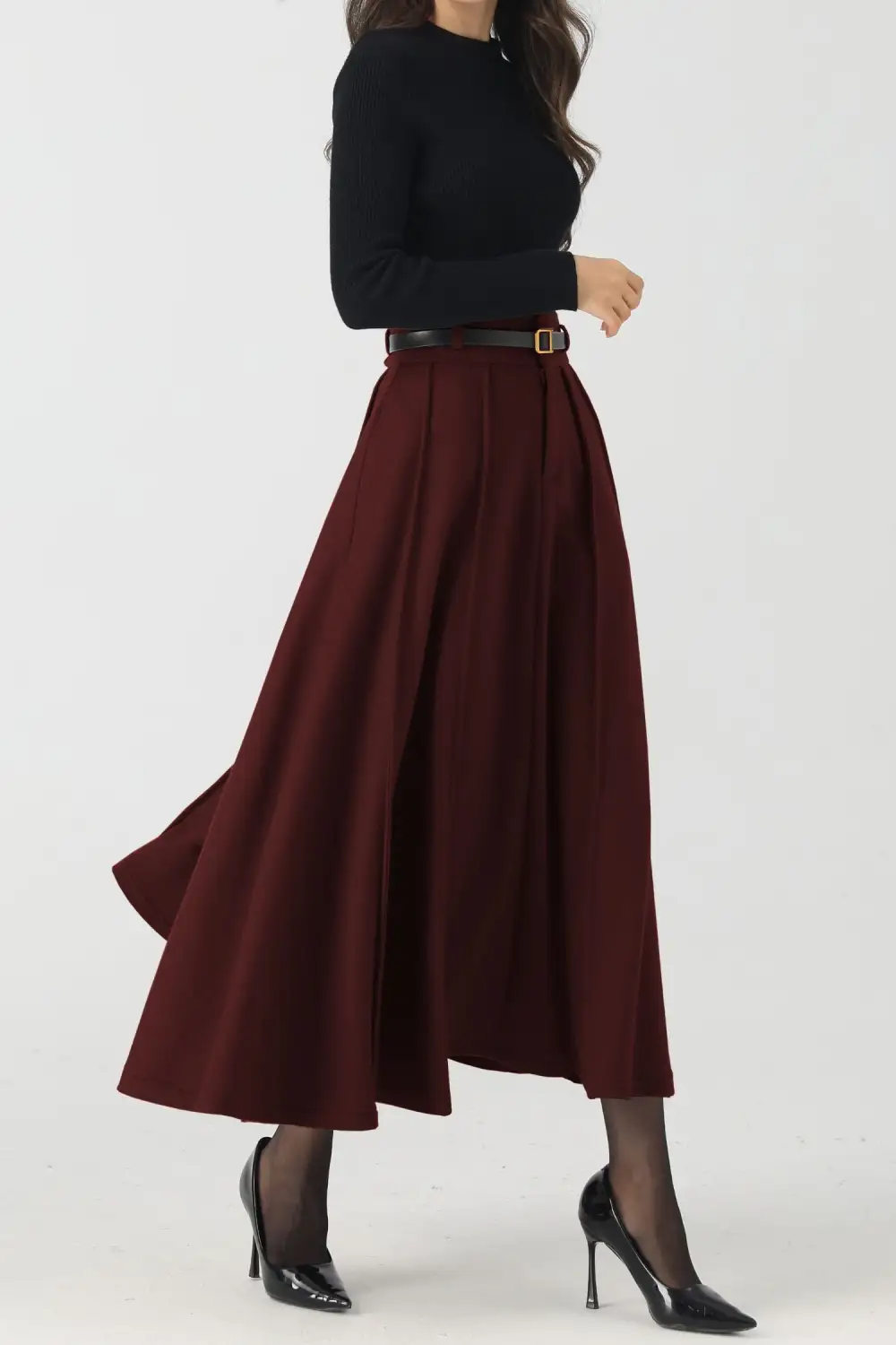 Artful Wool Blend Pleated A Line High Waist Midi Skirt
